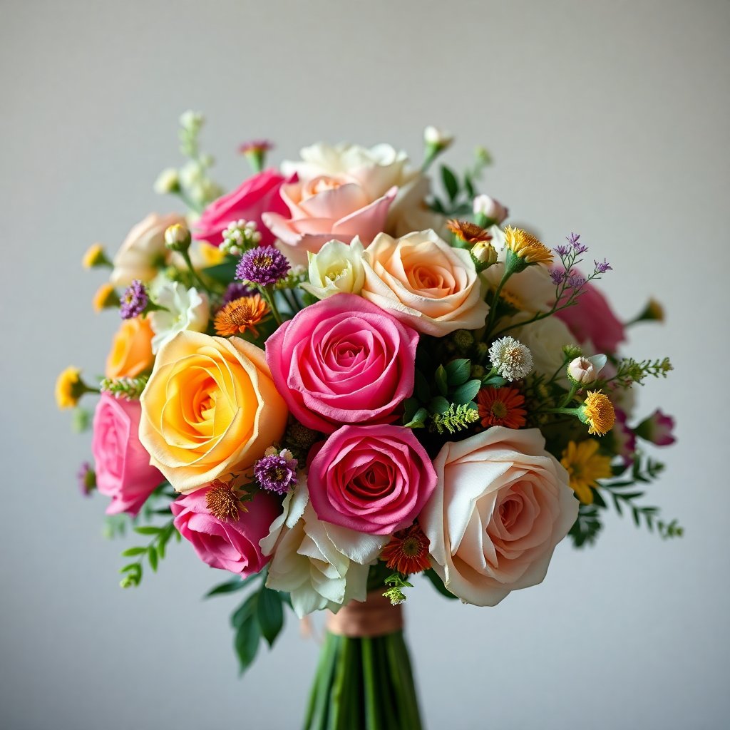 Elegant colorful bouquet with garden roses and wild flowers, soft pastel lighting, high-end floral design, 4:5 aspect ratio, professional photography