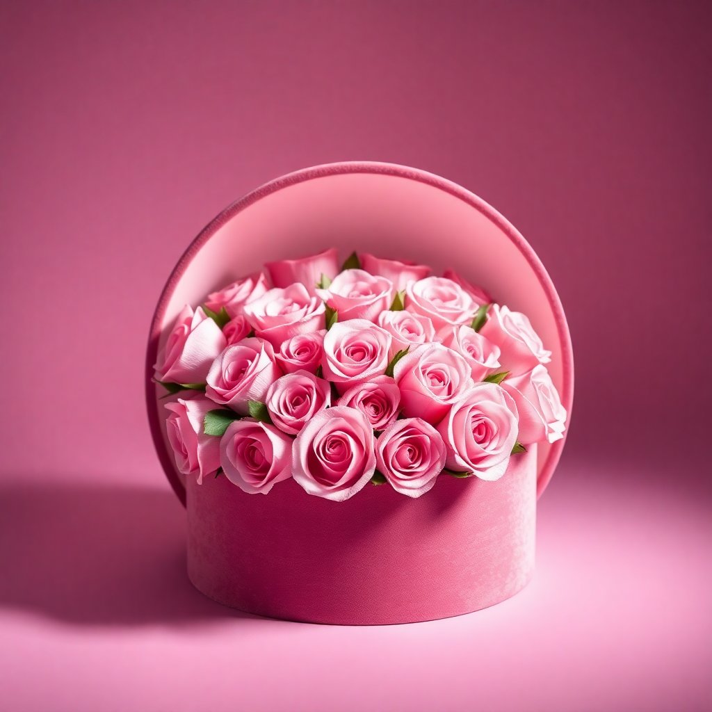 Elegant circular flower box with velvet texture, filled with pink roses, soft pastel lighting, high-end floral design, 4:5 aspect ratio, professional photography