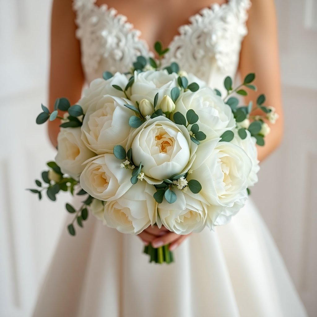 Luxury bridal bouquet with white peonies and eucalyptus, soft pastel lighting, high-end floral design, 4:5 aspect ratio, professional photography