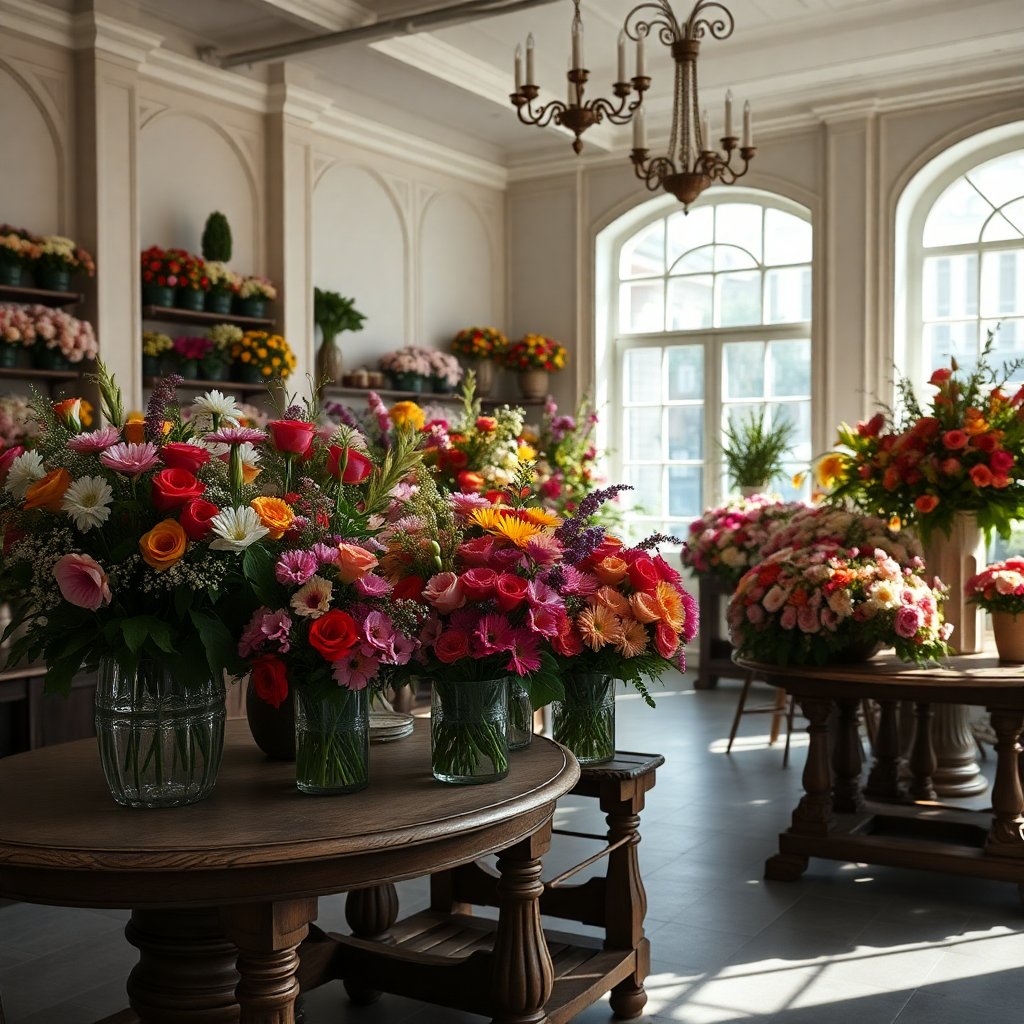 Luxurious flower shop interior in Prague, bright natural morning light, large colorful bouquets on rustic wooden tables, elegant atmosphere, 8k resolution, photorealistic.