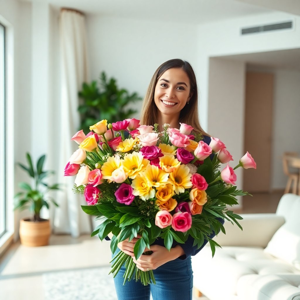 Happy customer holding a large bouquet of flowers in a bright modern apartment, smiling, warm atmosphere, authentic look.
