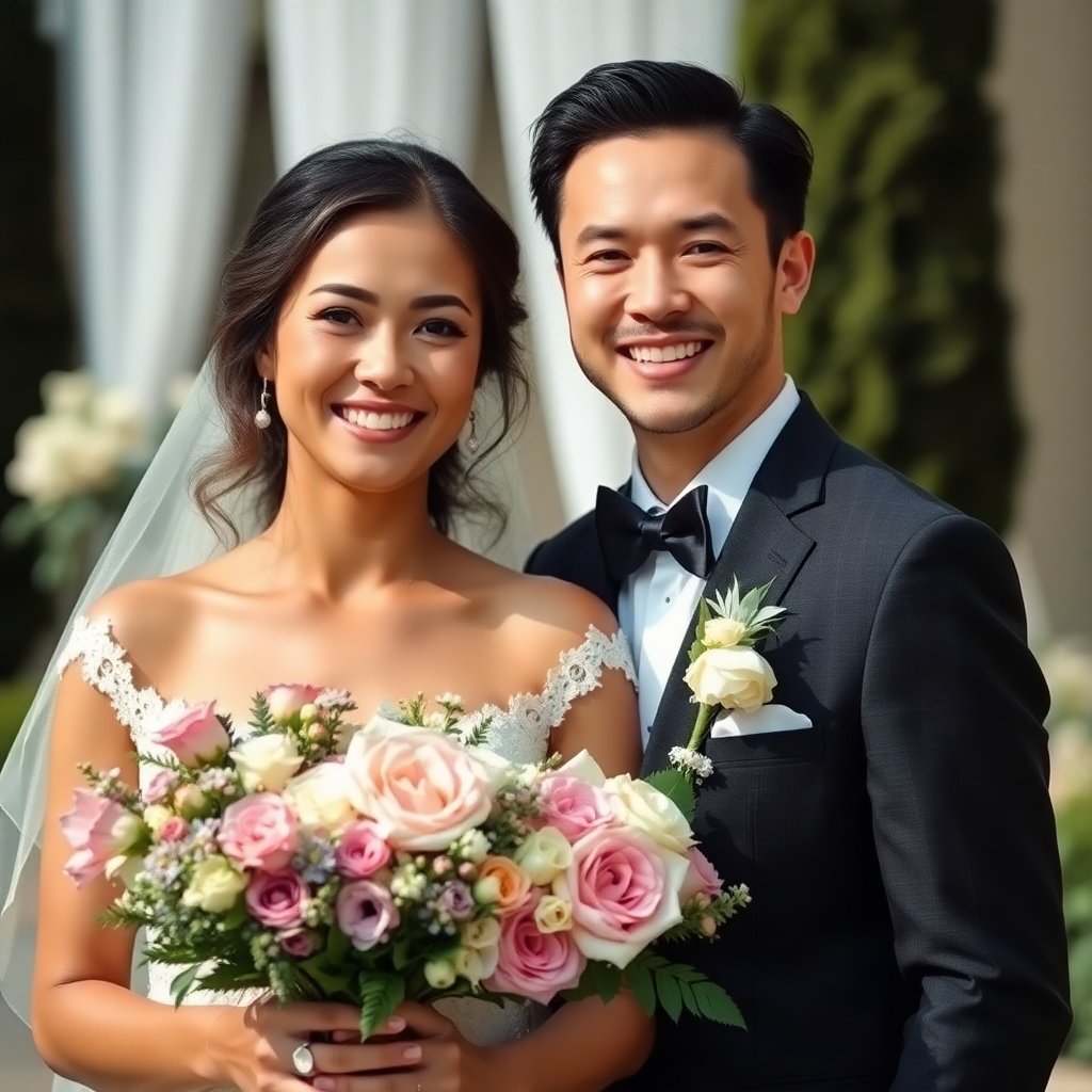 Happy couple with wedding flowers, smiling, bright and airy photography style.