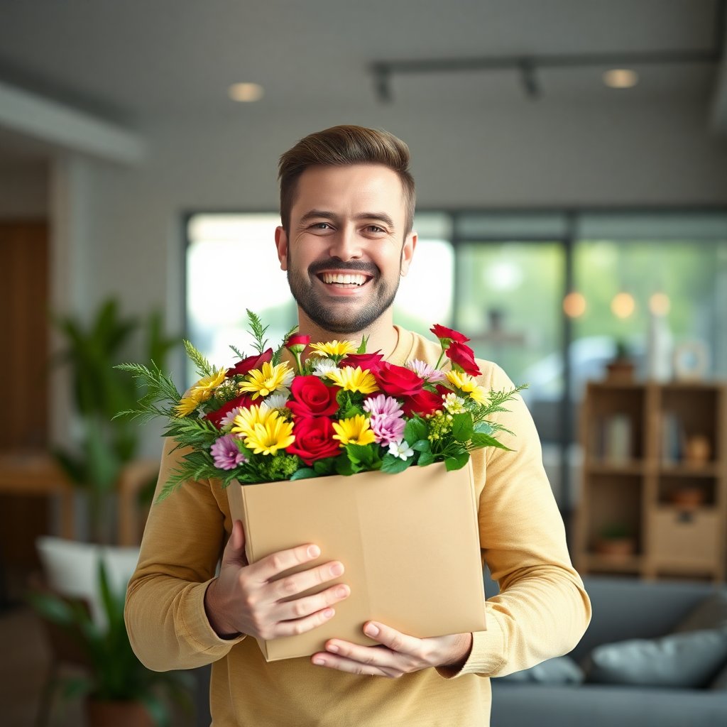 Happy man holding a flower box, modern interior, smiling.