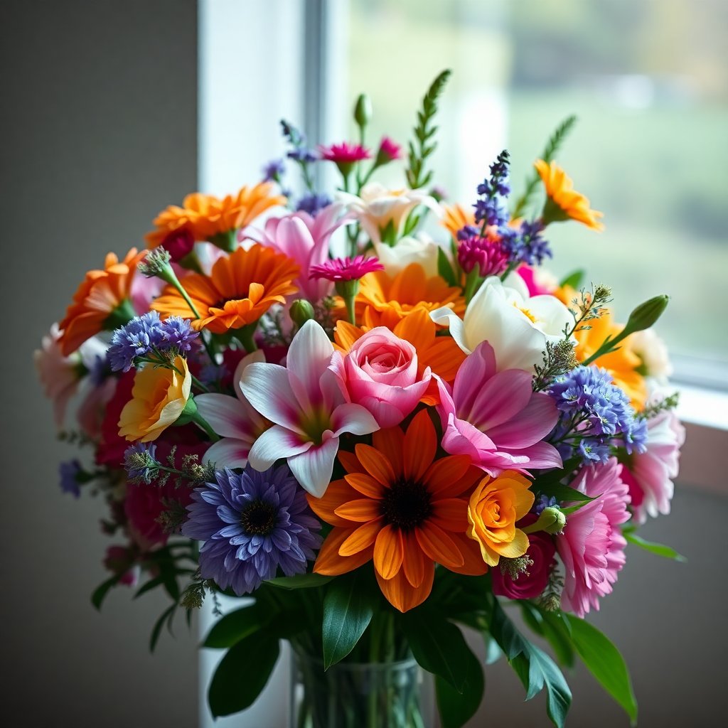 Elegant bouquet of fresh seasonal flowers, vibrant colors, artistic arrangement, soft natural lighting, high-end florist style.