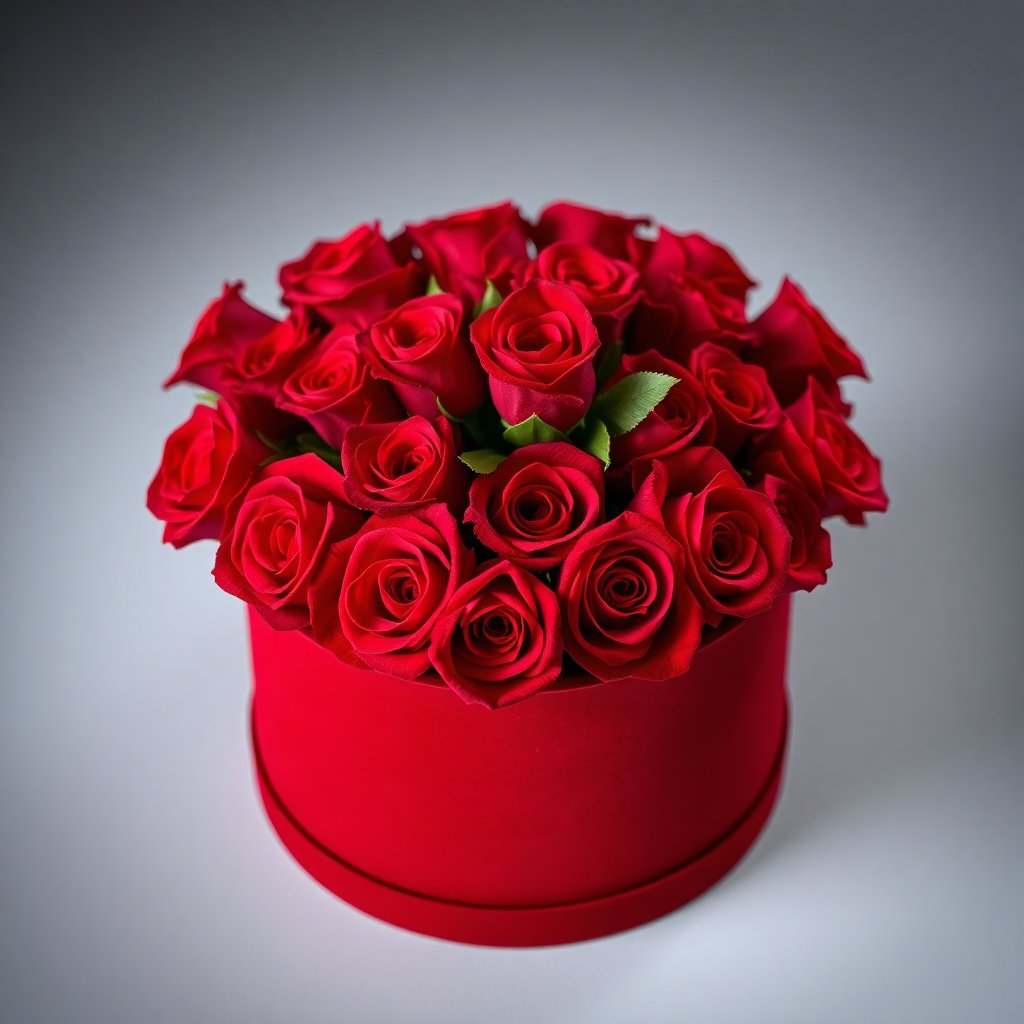 Elegant velvet flower box filled with premium red roses, studio lighting, sophisticated look.