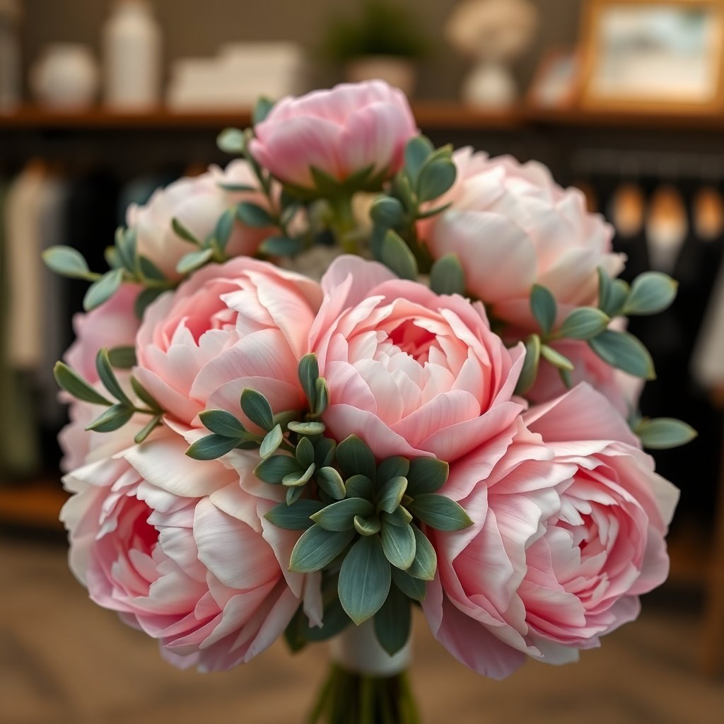 Close-up of a luxury wedding bouquet with peonies and eucalyptus, soft cream and pink colors, blurred boutique background, professional photography.